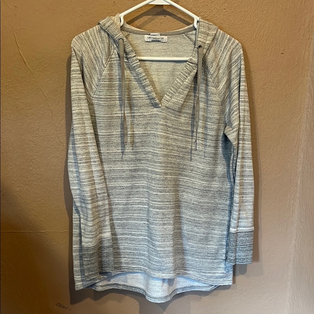 Liz Claiborne Gray and White Relaxed Tie Front Hoodie